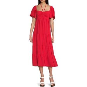 GB Tie Neck Short Sleeve Tiered Maxi Dress
